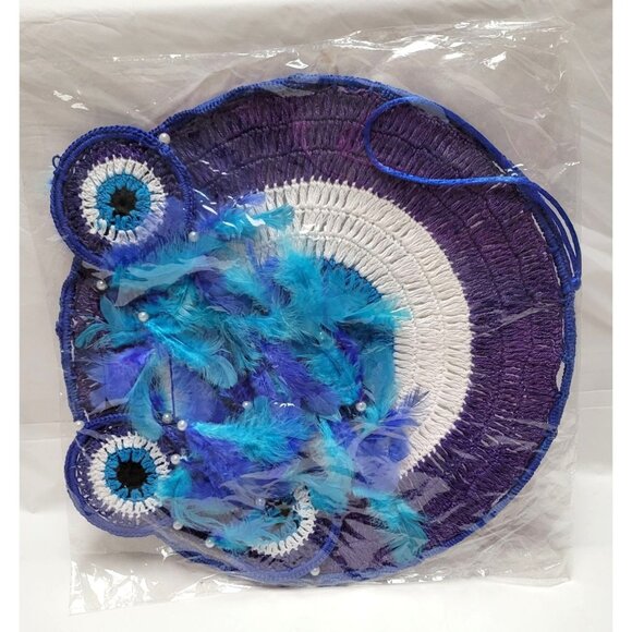 Crocheted Evil Eye Blue and White Dreamcatcher With Feathers and Beads 36" Long - Picture 8 of 8
